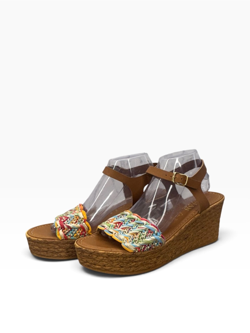 Italian Shoemakers Brown Wedge Sandals with Multicolor Braided Toe